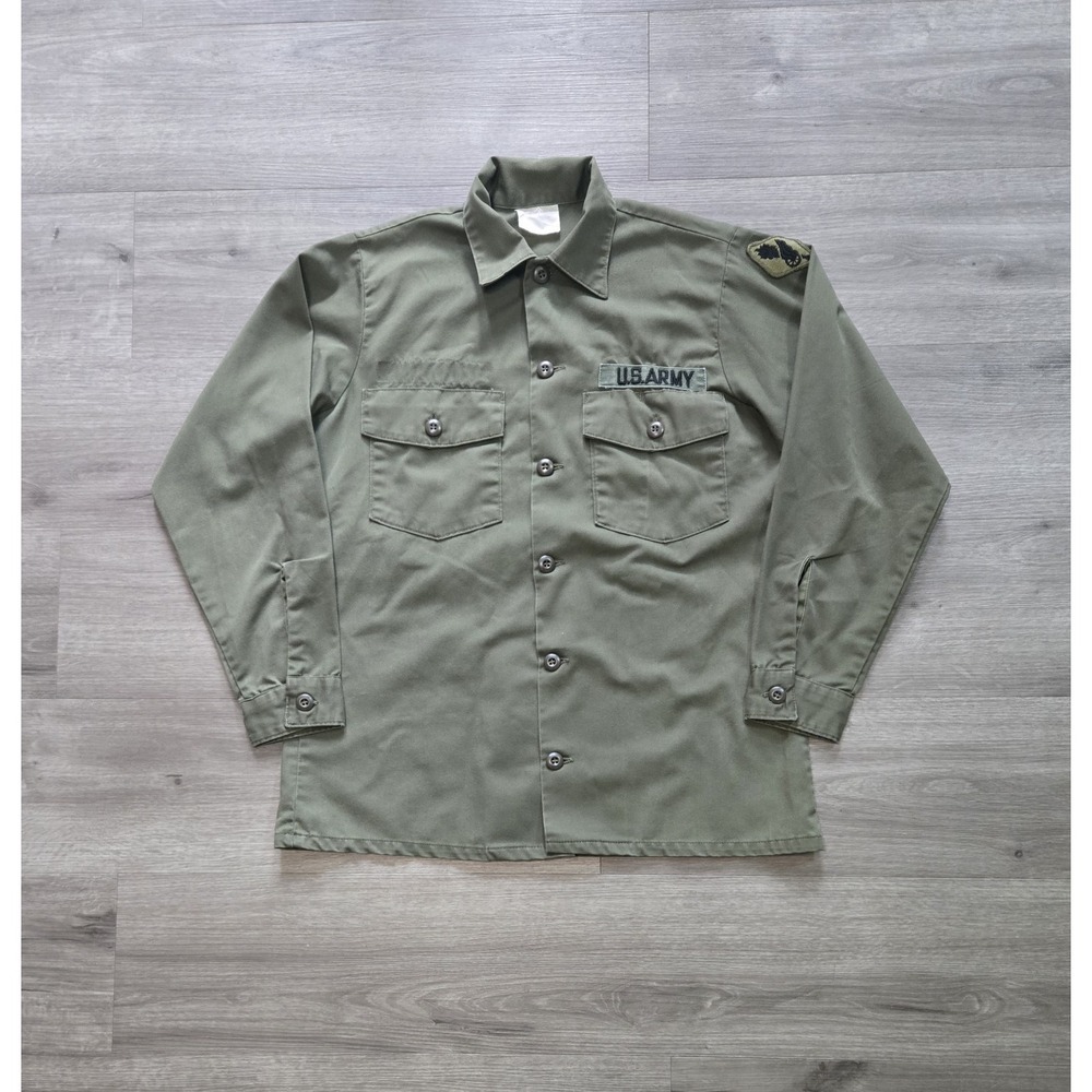 US Army OG 507 Men's XL Olive Patch Utility Shirt 60s 70s Military Vintage War